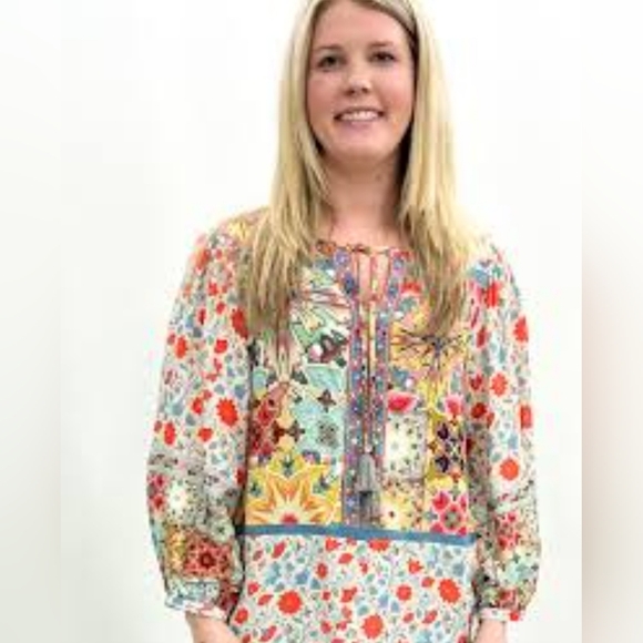 John MarkWoven Floral Print Split Neck 3/4 Cuffed  Tassel Tie Embroidered Tunic - Picture 9 of 10